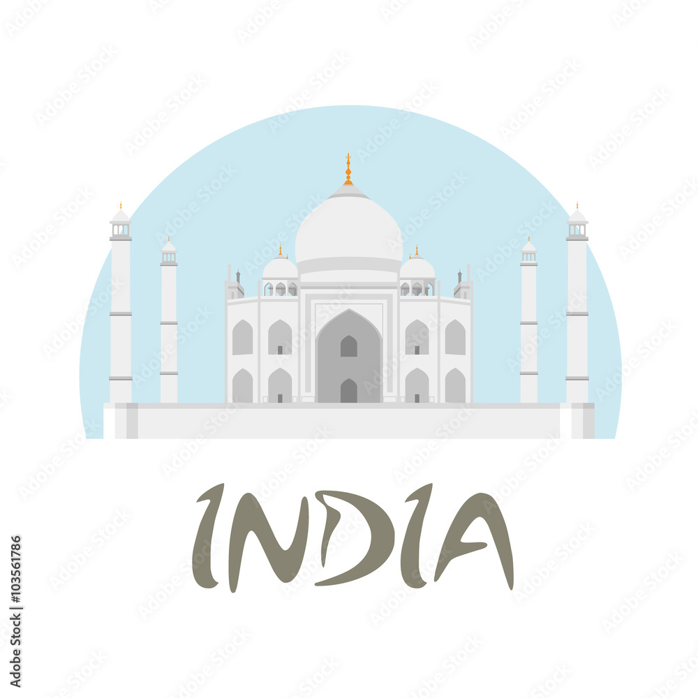 Travel India badge. Taj Mahal vector illustration with white and blue background and text India.