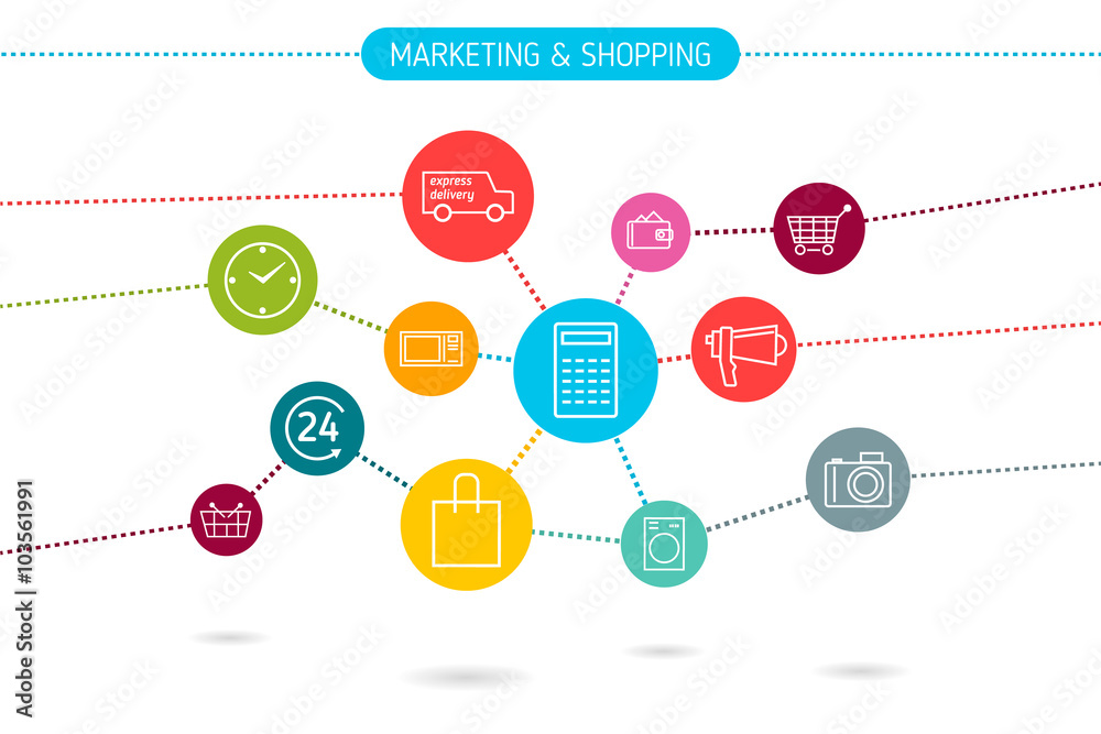 digital marketing and shopping concept. background with flat round icons. Symbols connected with lines.