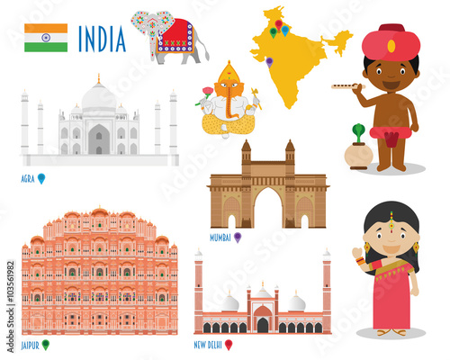 India Flat Icon Set Travel and tourism concept. Vector illustration