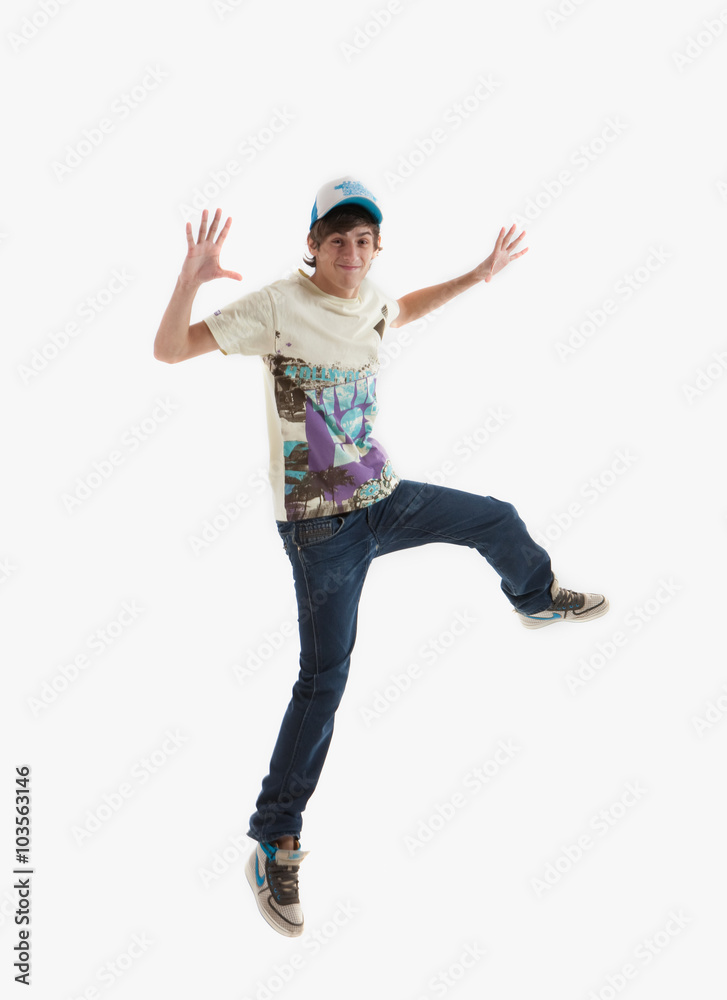 Young guy is dancing. Street dance. White background.