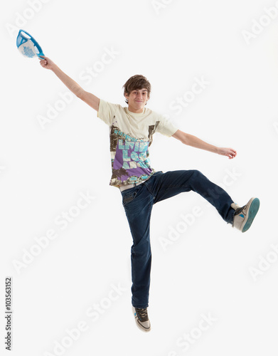 Young guy is dancing. Street dance. White background.