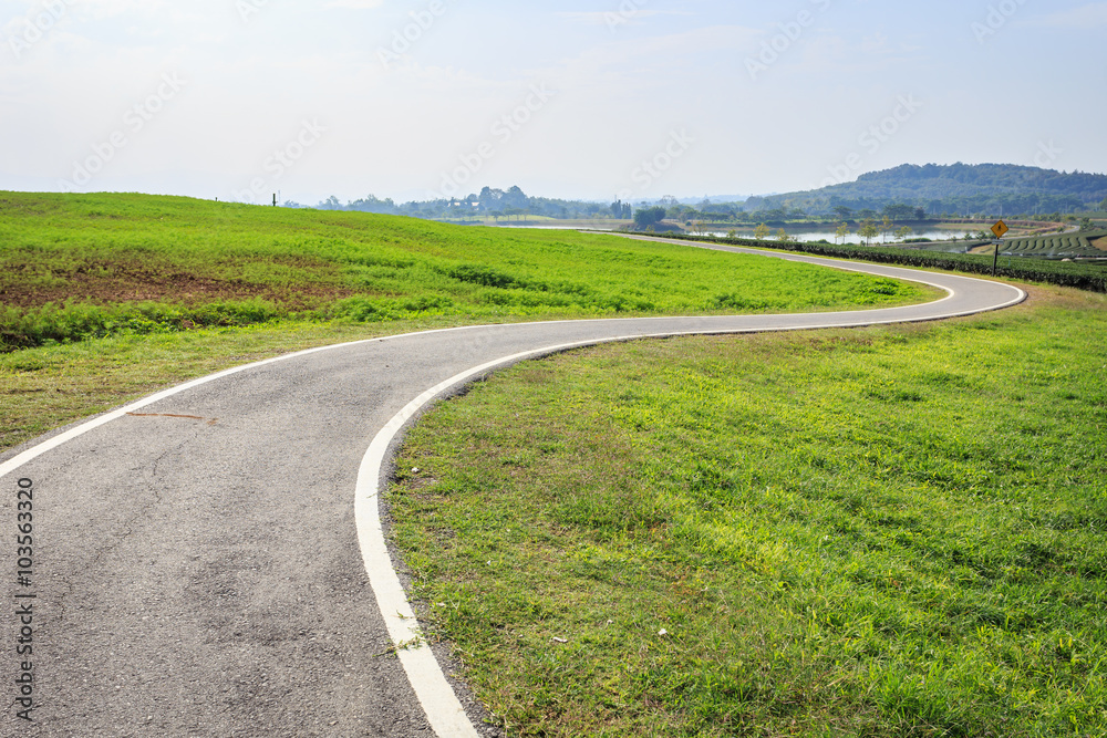 Outdoor asphalt road, exercise bike paths on the hill