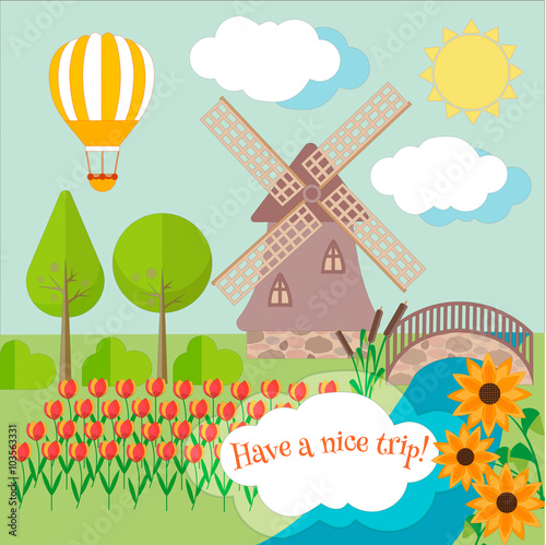 Rural landscape with tulips, windmill and a bridge. Travel in Ho