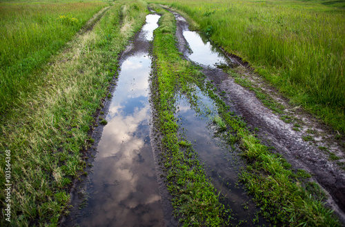 Dirt road with puddles in the green field © rootstocks