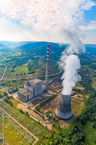 Photography Helicopter shoot of the thermal power plant Pljevlja, only coal-fired power station in Montenegro