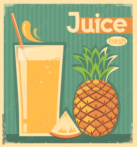 fresh pineapple juice on old paper.Vector vintage card