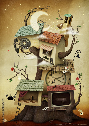 Conceptual illustration with colorful  houses on the tree. 