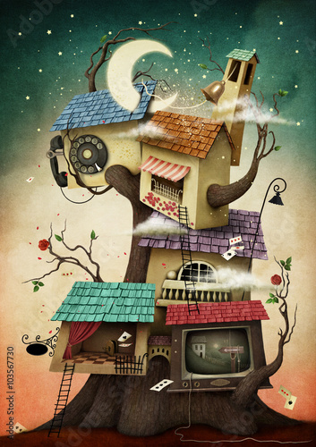 Conceptual illustration with colorful  houses on the tree. 