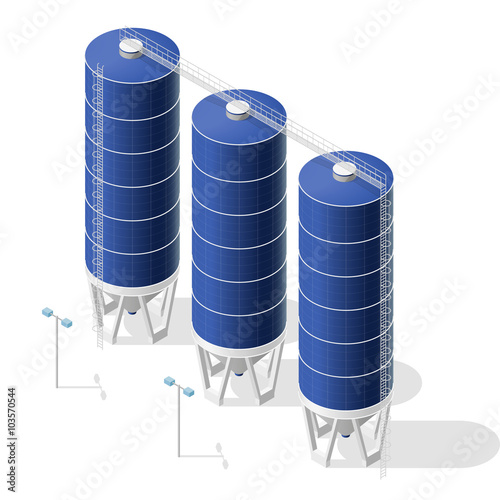 Grain silo isometric building infographic, big blue seed elevator on white background. Illustration set for article, agriculture, farming, husbandry. Flatten isolated master vector.