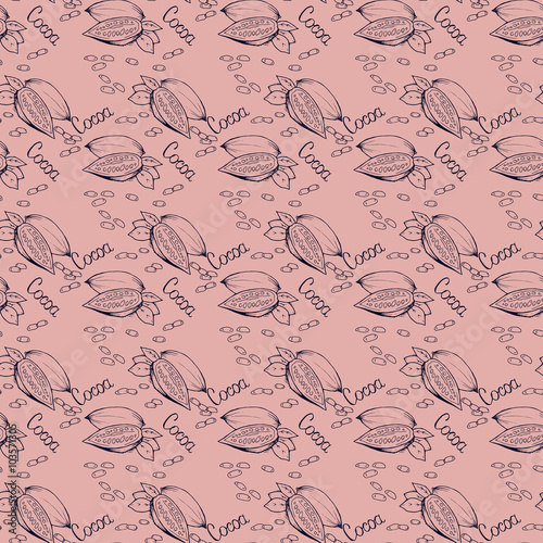 Seamless texture with cocoa fruits and cocoa leaves. Cocoa fruit on a brown background. Pattern for packaging cocoa and chocolate. Cocoa beans in vintage style