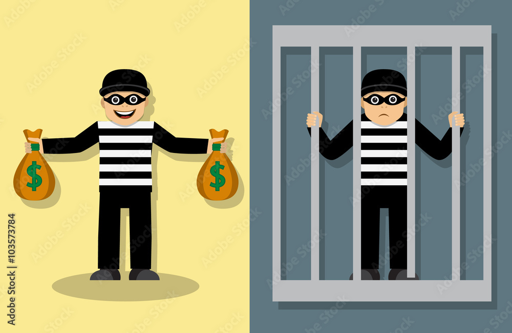 joyful thief in a mask standing and holding bags of money. Sad thief is