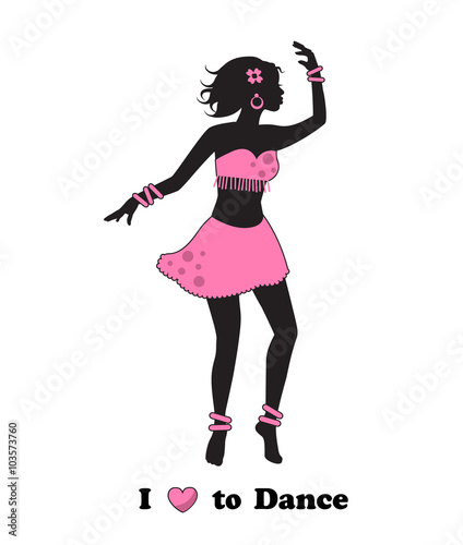 Silhouette of graceful woman dancing in a pink dress on a white background