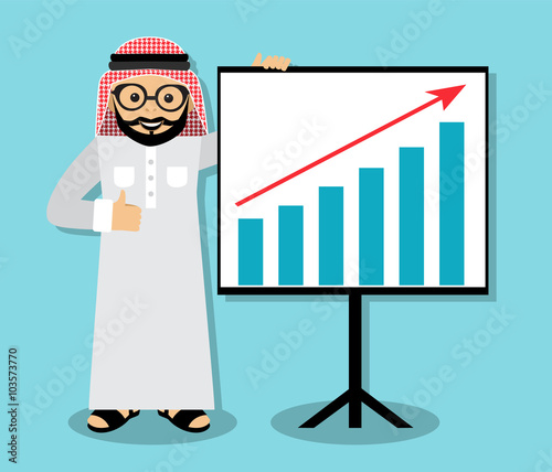 Arabic businessman in traditional clothing show presentation