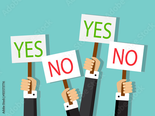 businesspeople hands carried the vote and hold signs