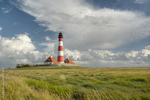 scenic landscape with famous Westerhever lighthouse at North Sea coast, Schleswig-Holstein, Germany, Europe

