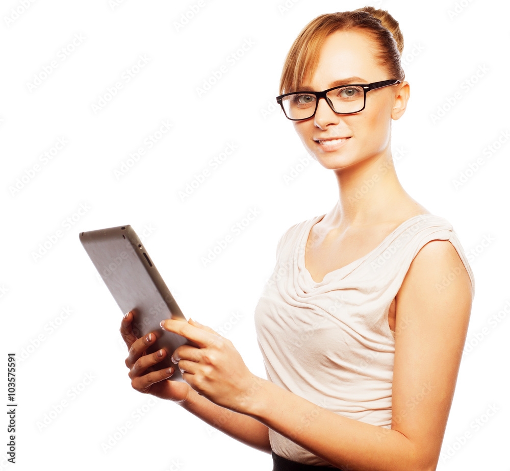 young business woman working on tablet