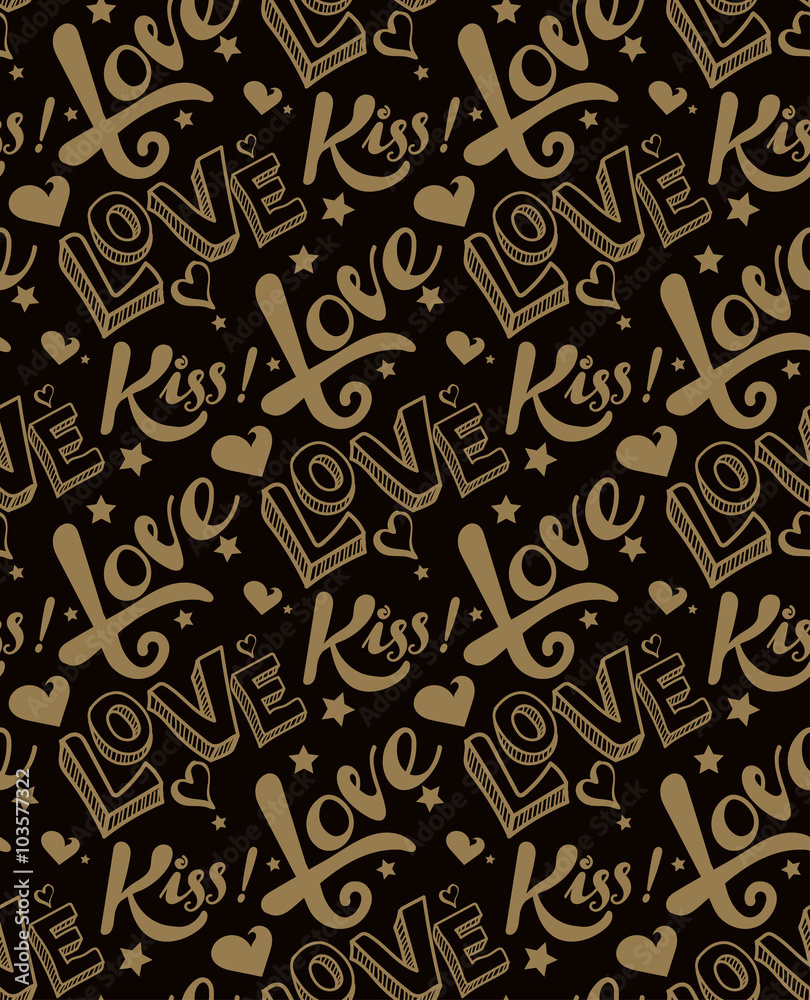 Text word love kiss on a black background. Good template for gift wrapping. Vector image