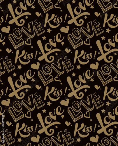 Text word love kiss on a black background. Good template for gift wrapping. Vector image