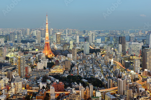 Tokyo; Japan -January 14; 2016: Night view of Tokyo Skyline with the iconic Tokyo Tower in the background.