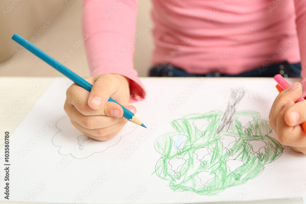 Child drawing tree with pencils on paper, closeup Child drawing tree with pencils on paper, closeup