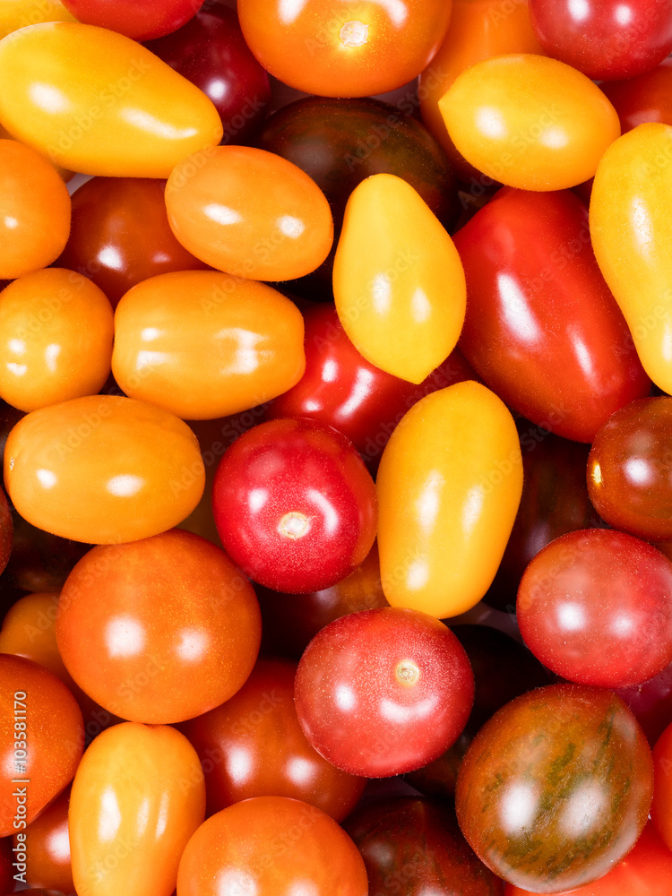 Fresh mixed small tomatoes in filled frame format Fresh mixed small tomatoes in filled frame format