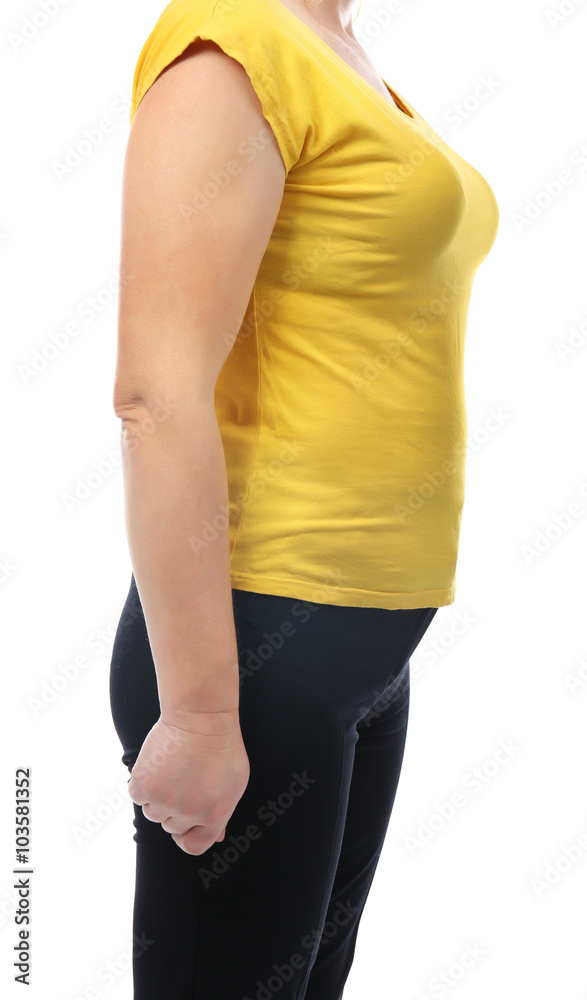 Chubby woman's body in yellow tee-shirt and black pants isolated on white  Stock Photo | Adobe Stock