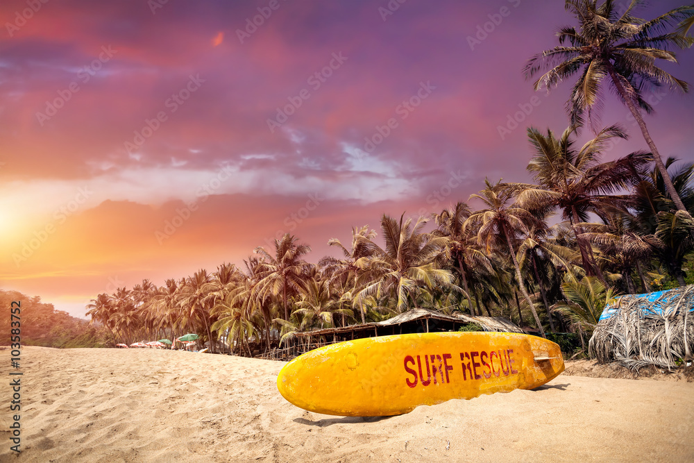 Tropical sunset at Goa beach - obrazy, fototapety, plakaty 