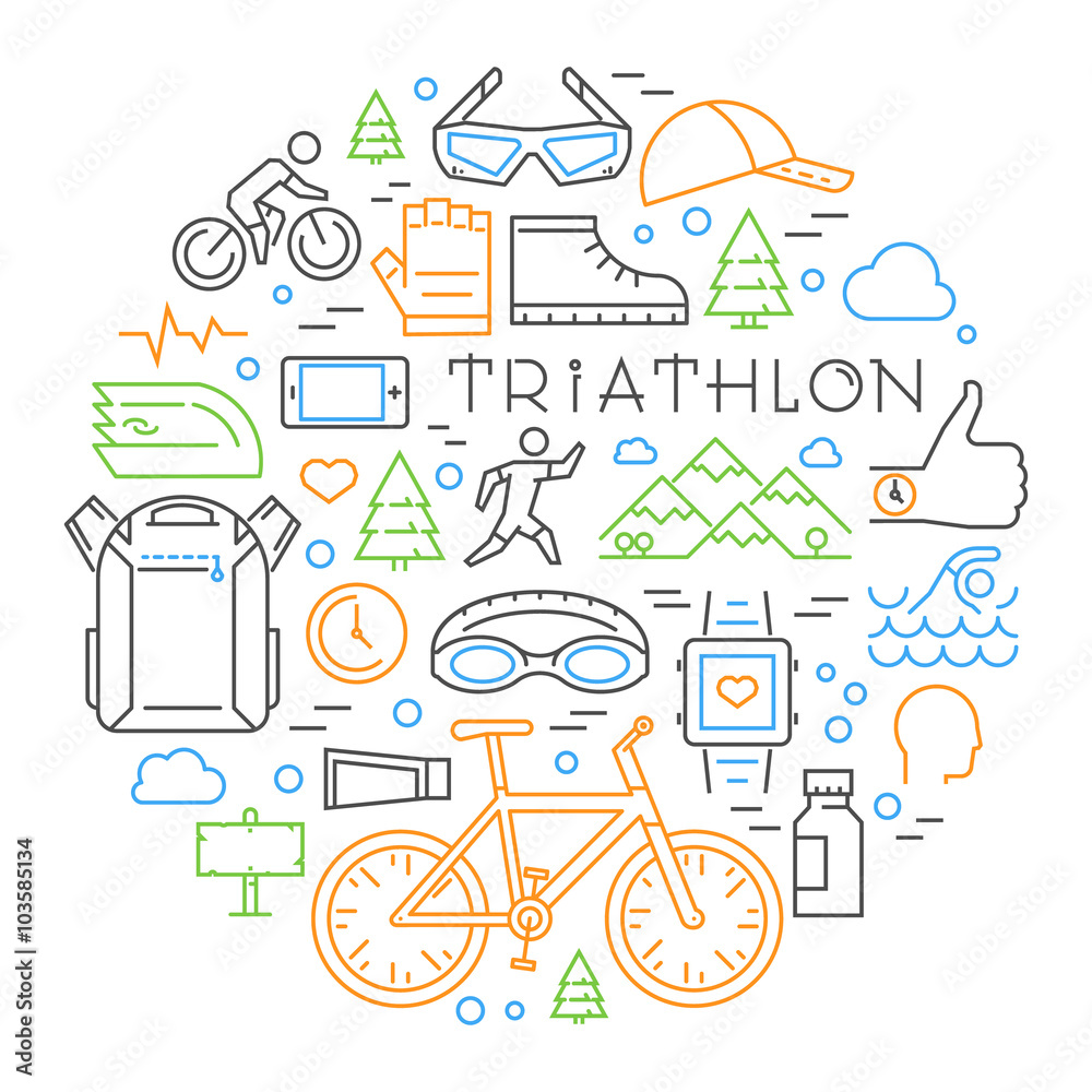 Colored linear triathlon concept. Line triathlete and other elem