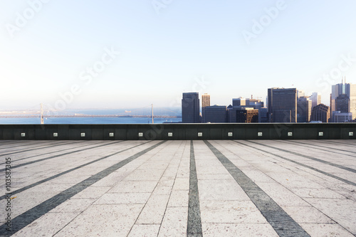 brick floor with cityscape of San Francisco background