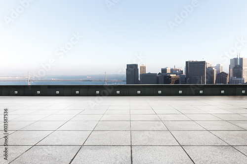 brick floor with cityscape of San Francisco background