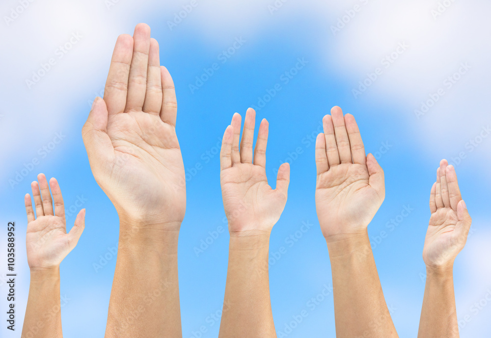 people raise hand on sky background people raise hand on sky background