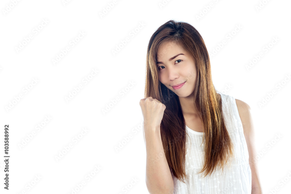 Portrait of a beautiful young woman points a hand Portrait of a beautiful young woman points a hand