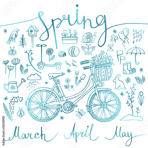 spring, set of blue icons and symbols with bike, inscription, vector illustration
