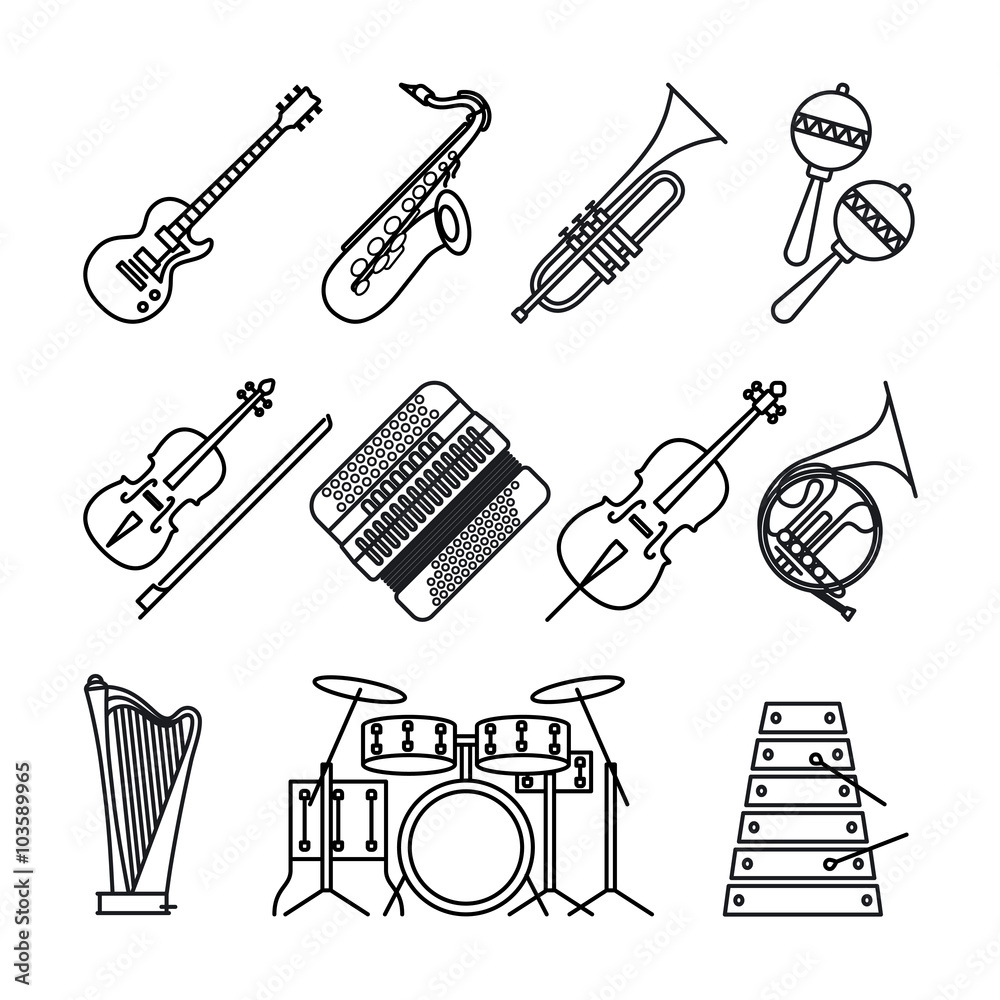 Fototapeta Music instruments or musical instruments thin black line icons on white background. Guitar, accordion, violin and percussion and harp vector icons.