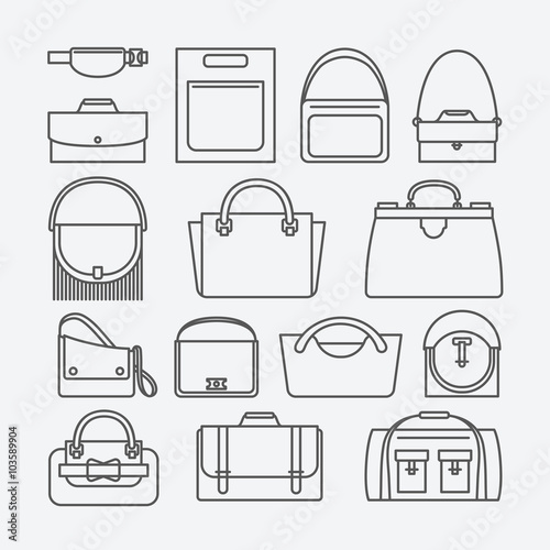 Bag and purse black thin line icons on white background. Vector illustration