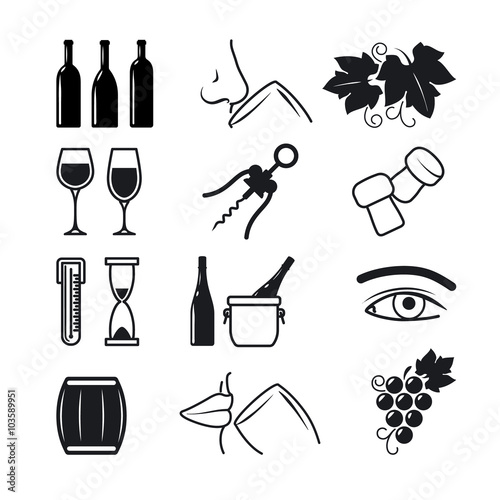 Wine black icons on white background set. The process of wine making and sommelier work. Vector illustration