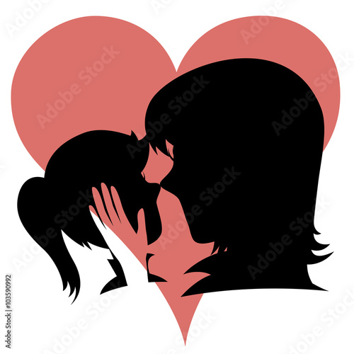 Silhouette of a caring mother caresses her daughter's head (with heart background).