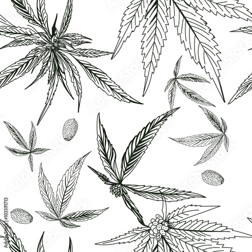 Seamless pattern, hemp, marijuana, black and white
