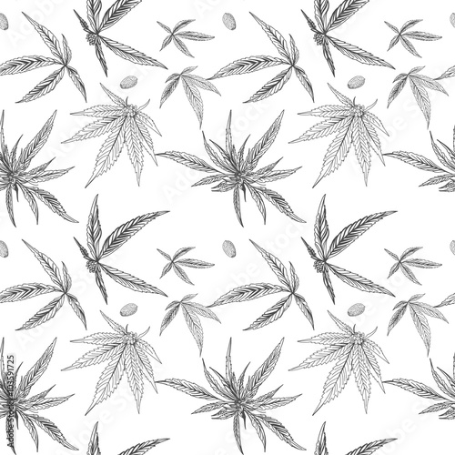 Seamless pattern, hemp, marijuana, black and white