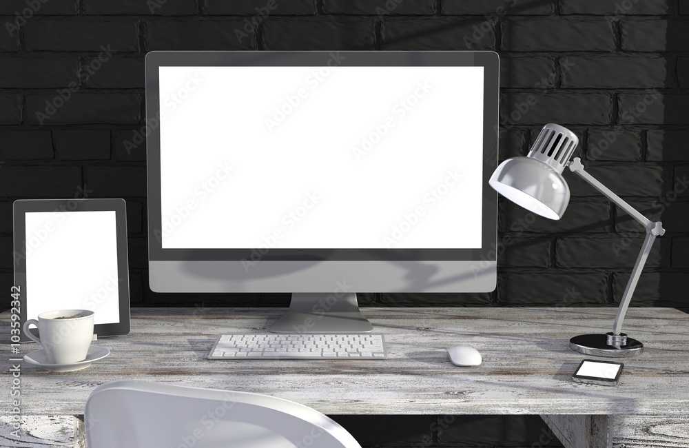 Fototapeta premium 3D illustration PC screen on table in office, Workspace