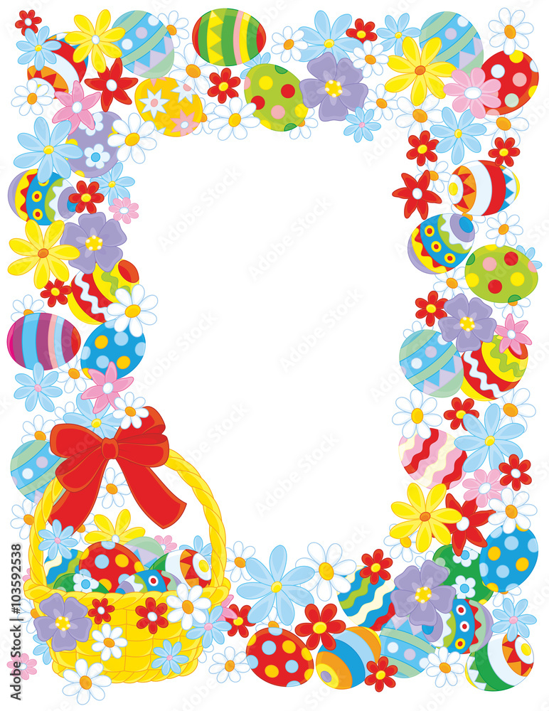 Vertical vector frame with a decorated Easter basket, colorfully painted eggs and flowers Vertical vector frame with a decorated Easter basket, colorfully painted eggs and flowers
