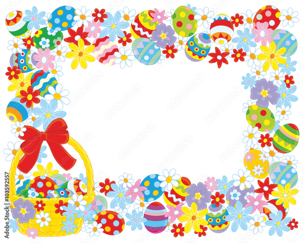 Horizontal vector frame with a decorated Easter basket, colorfully painted eggs and flowers