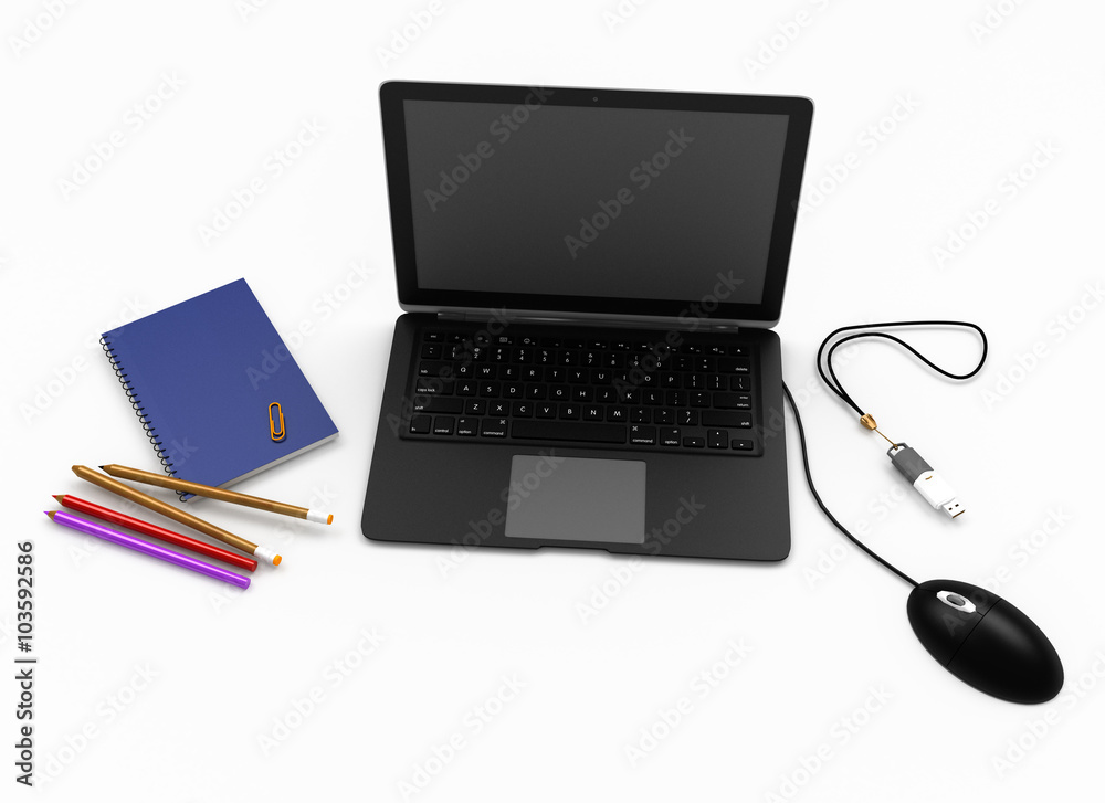 laptop for office with stationery on a white background. laptop for office with stationery on a white background.