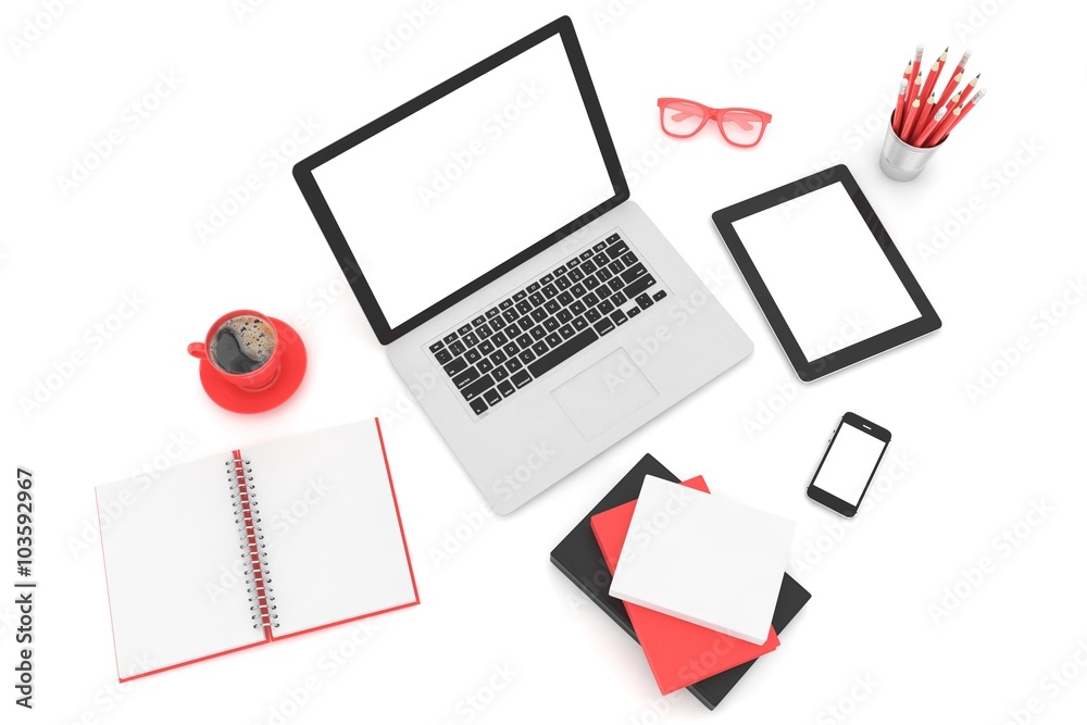 Responsive mockup screens. Laptop, tablet, phone on table Responsive mockup screens. Laptop, tablet, phone on table