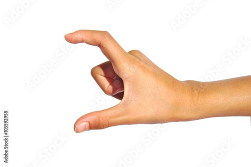 Hand showing a medium size. Hand gesture isolated on white background