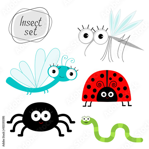 Cute cartoon insect set. Ladybug, dragonfly, mosquito, spider, worm. Isolated. © worldofvector