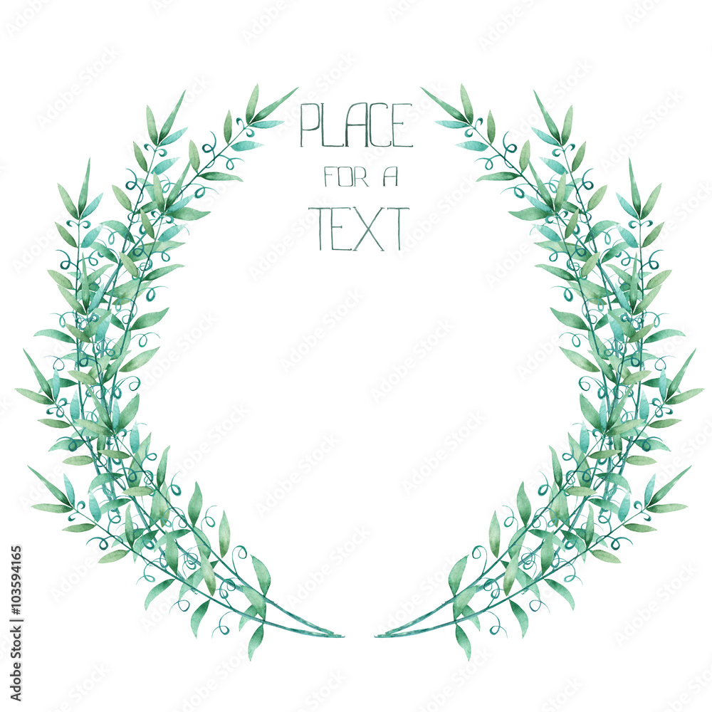 A wreath (circle frame) with the green floral branches, hand-drawn in a watercolor on a white background, place for a text