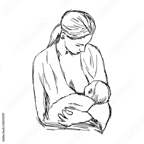 illustration vector doodle hand drawn of sketch baby feeds on MOM's breasts, Breastfeeding baby