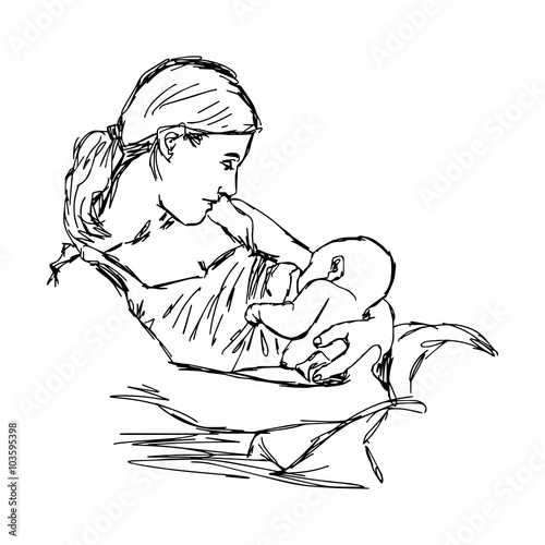 illustration vector doodle hand drawn of sketch mother is breast feeding for her baby.