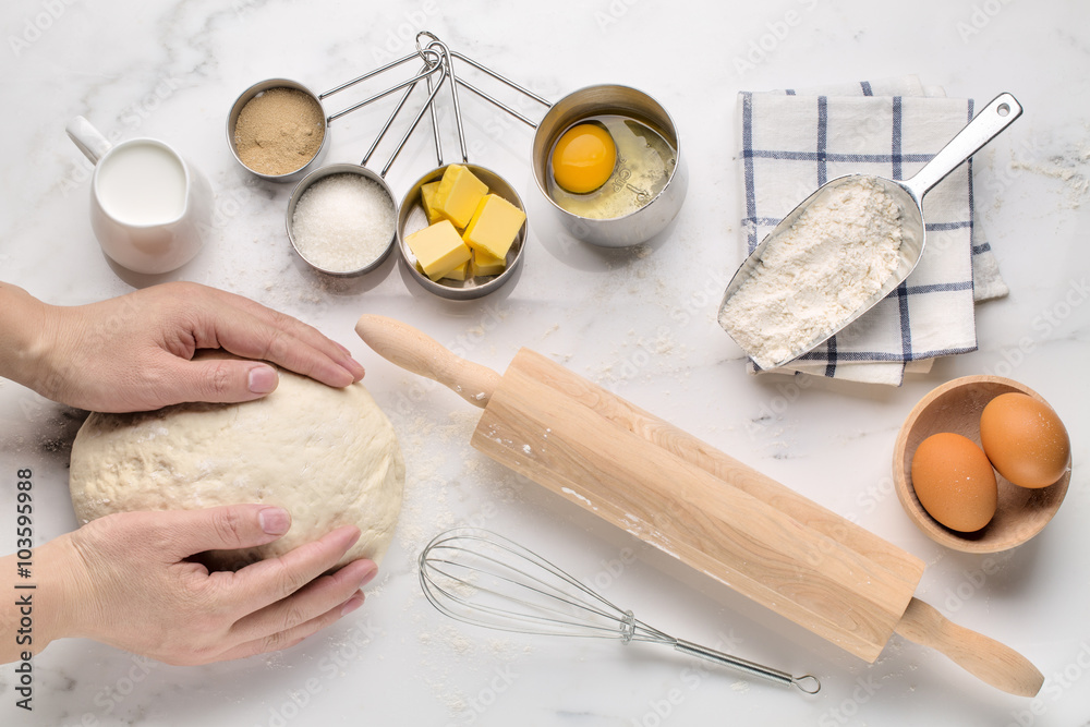 Fotografie Baking cake with dough recipe ingredients